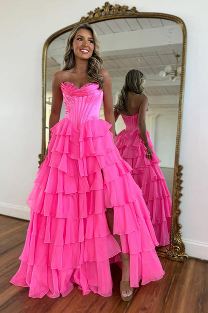 A-Line Strapless Lilac Ruffle Tiered Long Prom Dress with Slit