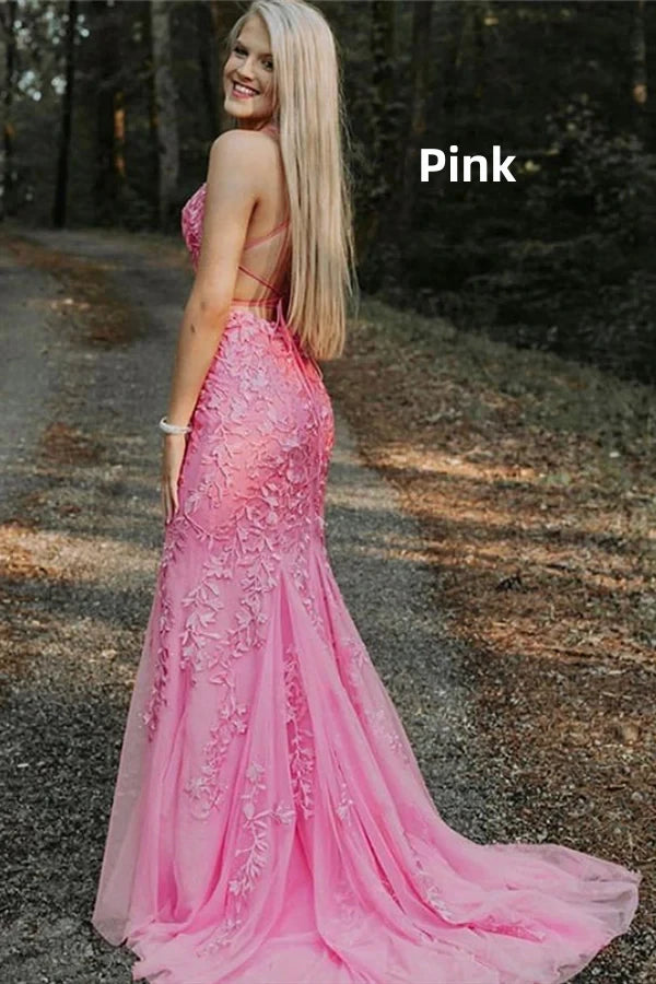 Mermaid Appliques Cross Back Long Prom Dress