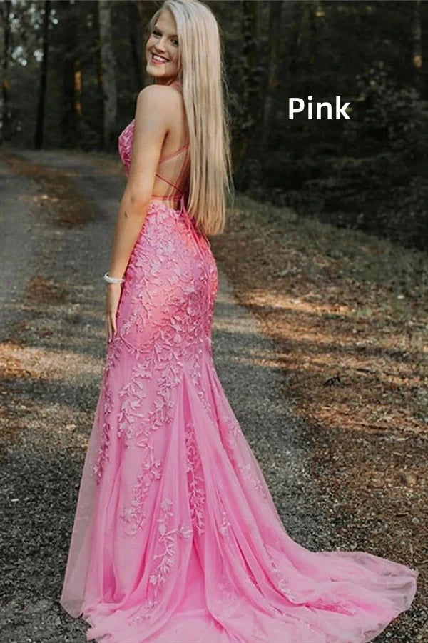 LTP1737,Mermaid Straps Long Lace Prom Dress with Lace-Up Back