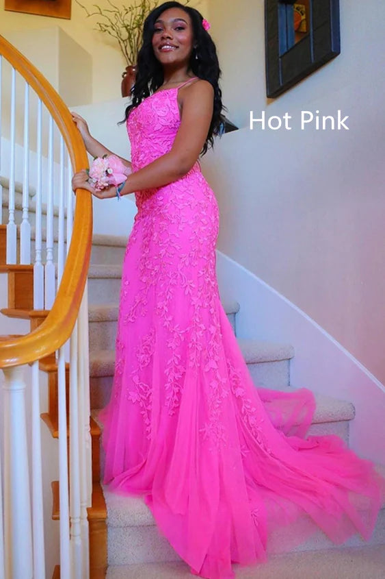 Mermaid Appliques Cross Back Long Prom Dress