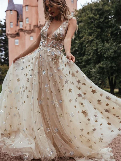 Sexy V-Neck Star A-Line Prom Dresses