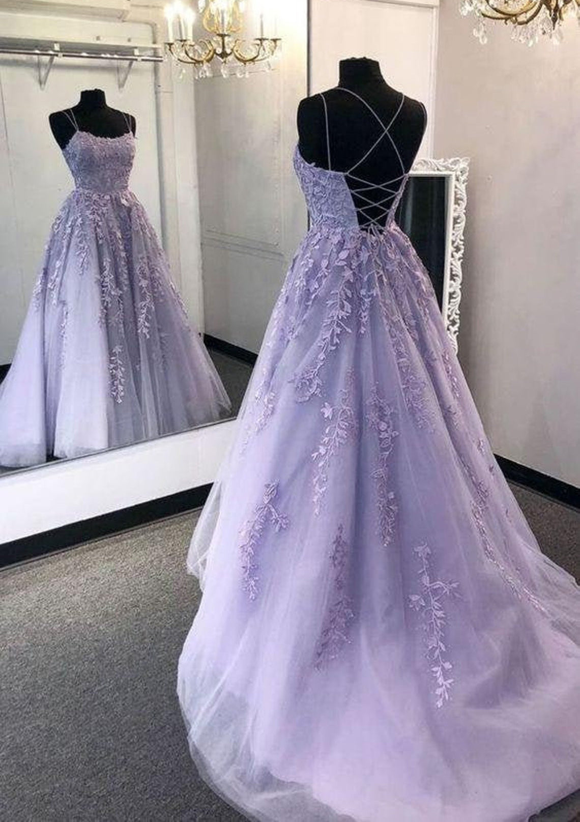 LTP0919,Lavender Spaghetti Straps Tulle Long Prom Dresses with Appliques and Beading,Formal Dresses