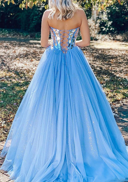 Sweetheart Blue Tulle Ball Gown Sleeveless Prom Dress