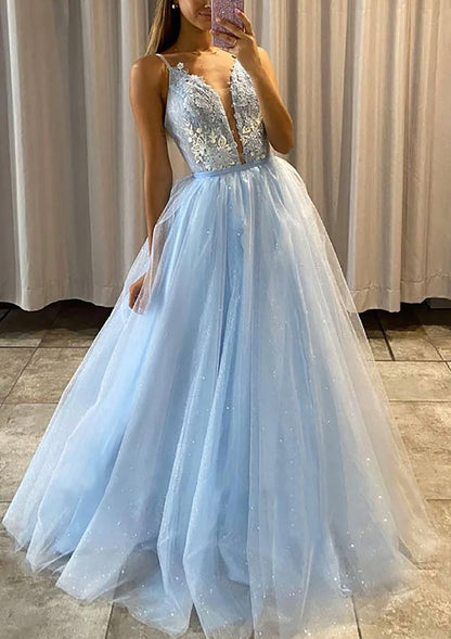 Baby Blue A-Line V-Neck Tulle Prom Dress