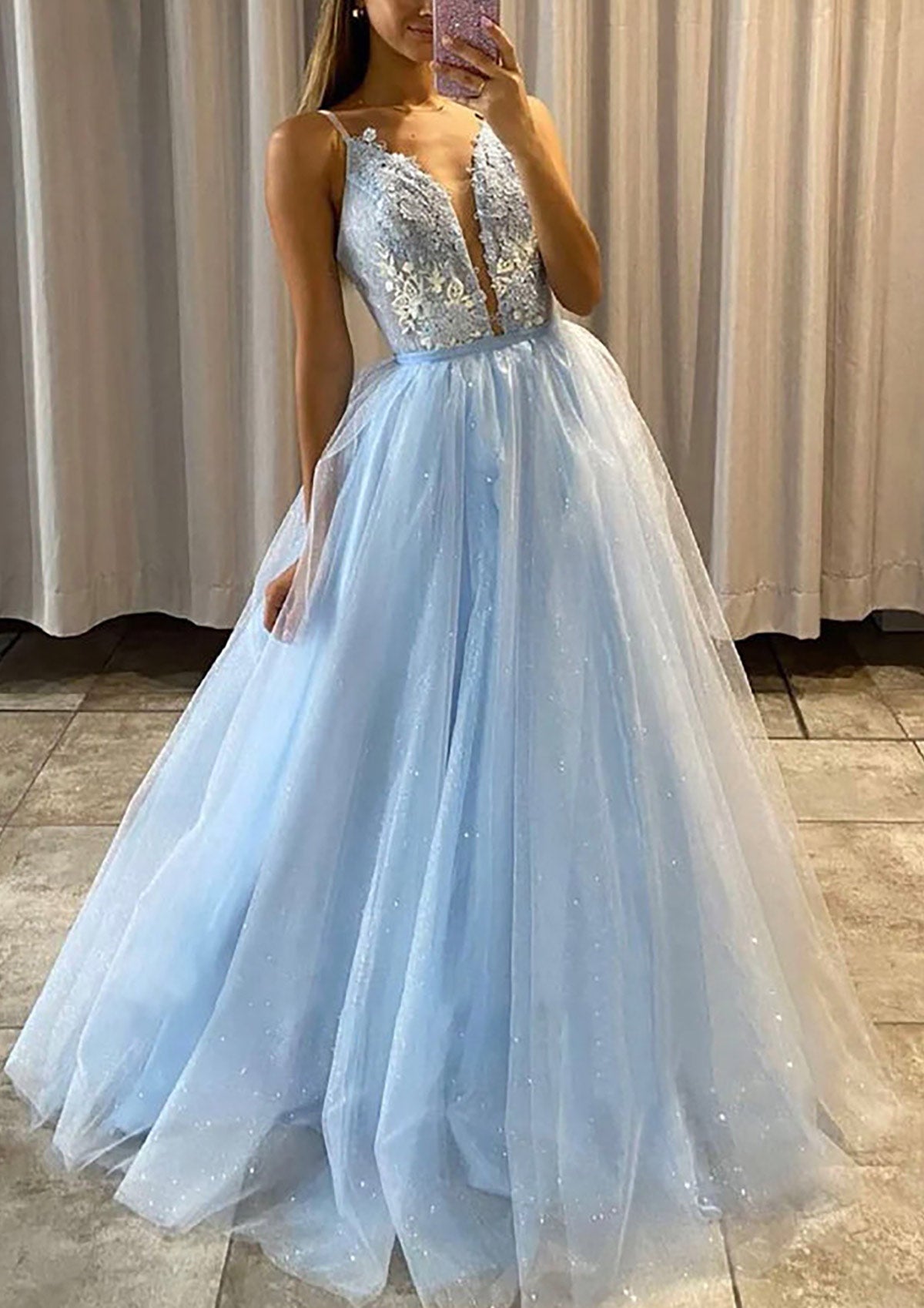 Baby Blue A-Line V-Neck Tulle Prom Dress