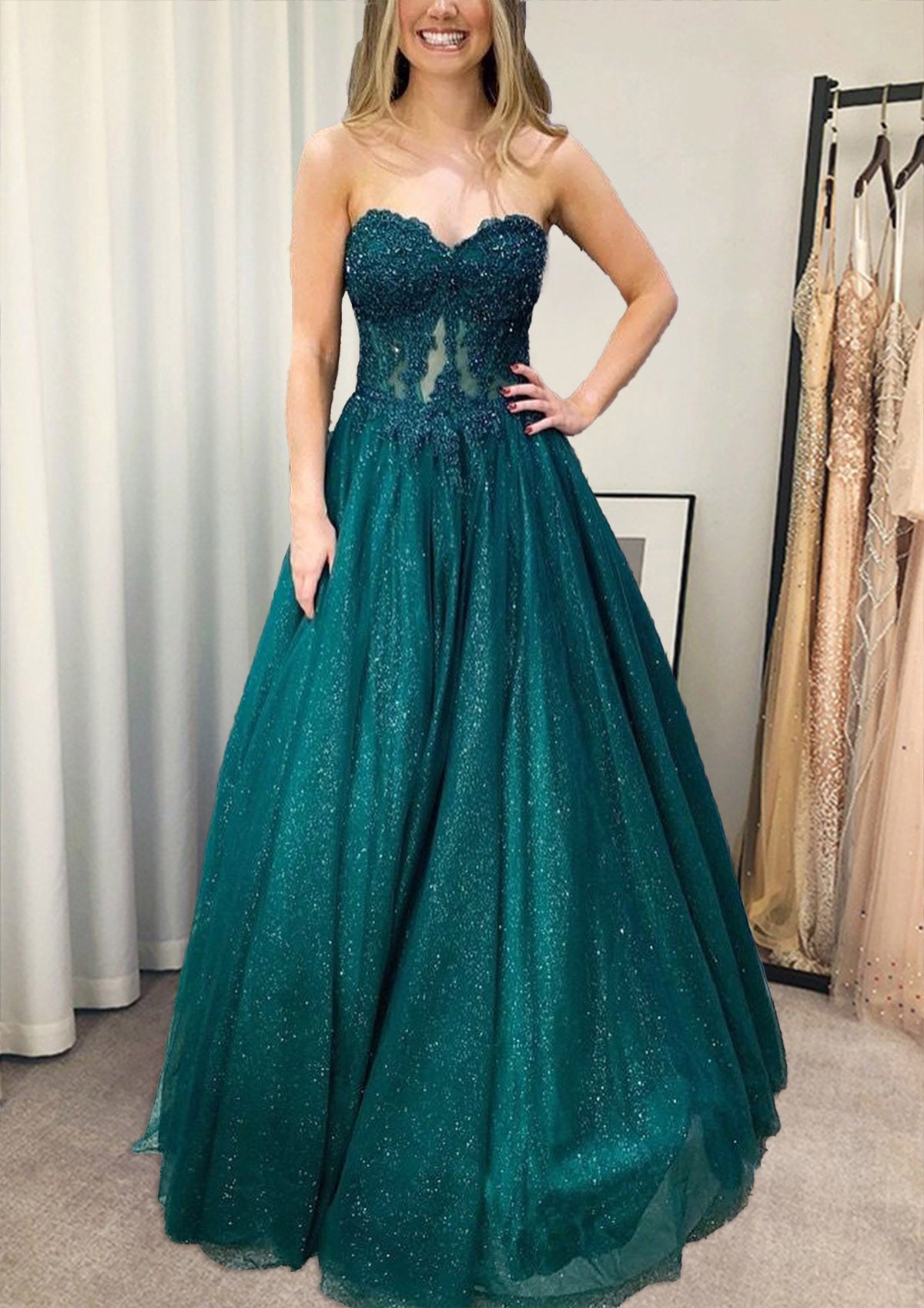 Glitter Sweetheart Tulle Appliques Long Prom Evening Dress, Green Blue Birthday Dress