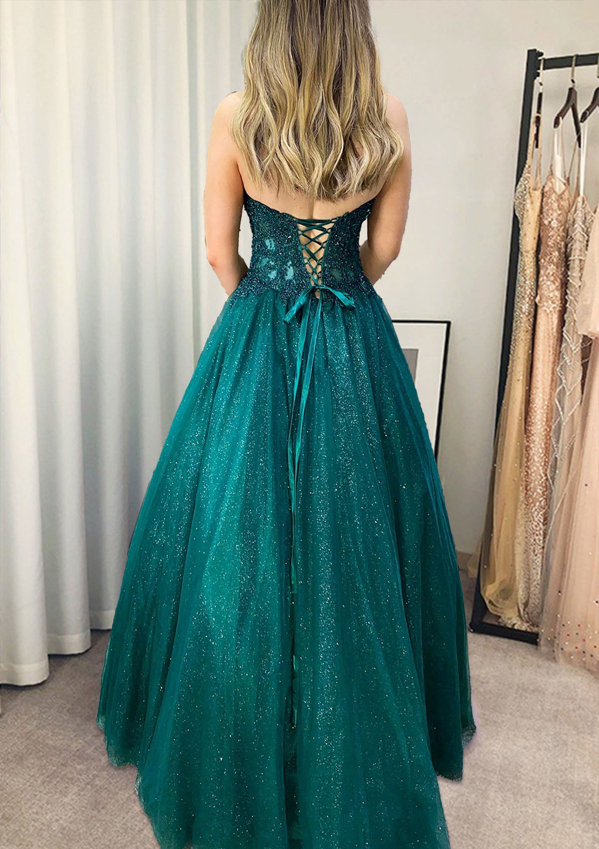 Glitter Sweetheart Tulle Appliques Long Prom Evening Dress, Green Blue Birthday Dress