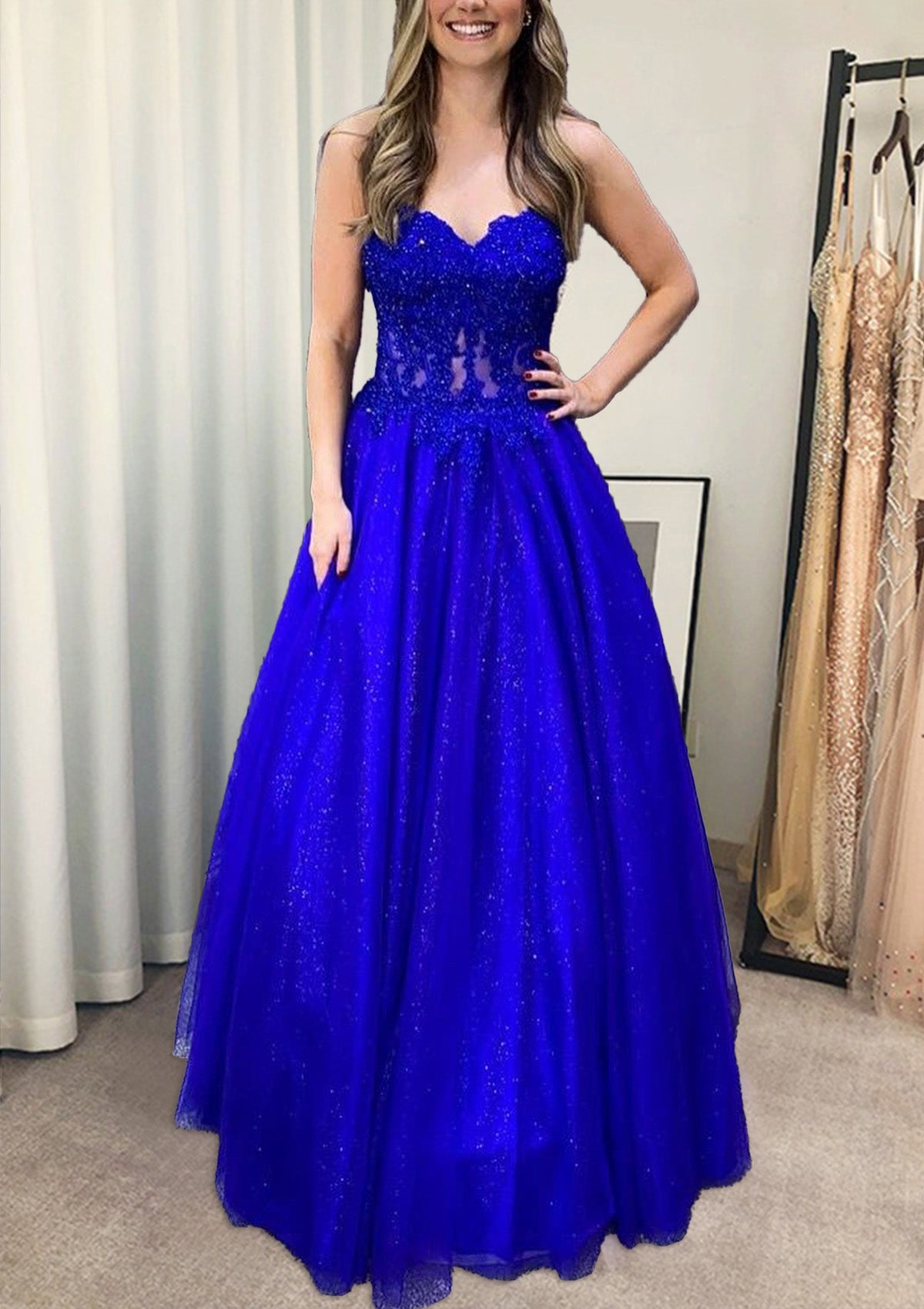 Glitter Sweetheart Tulle Appliques Long Prom Evening Dress, Green Blue Birthday Dress