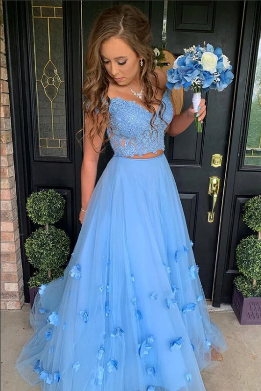 Two Pieces 3D Floral Appliques Off The Shoulder Long Prom Dress