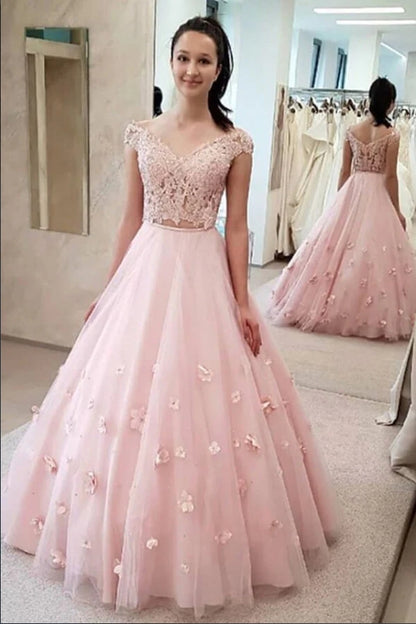Two Pieces 3D Floral Appliques Off The Shoulder Long Prom Dress