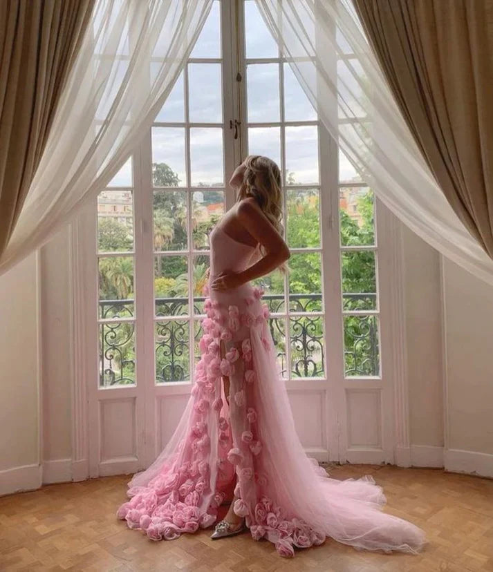 Sweetheart Pink Floral 3D Flowers Evening Prom Dresses With Side Slit