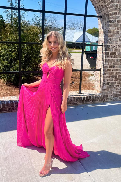 Hot Pink Sweeheart Cutout Pleated  Long Party Dress