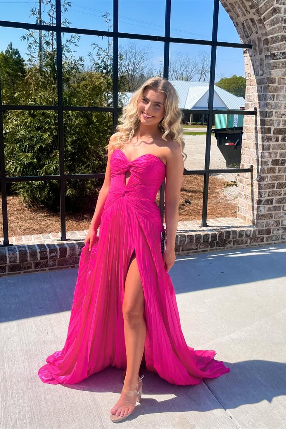 Hot Pink Sweeheart Cutout Pleated  Long Party Dress