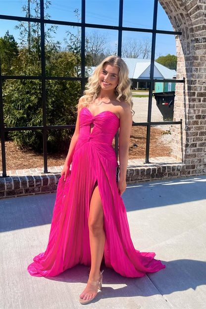 Hot Pink Sweeheart Cutout Pleated  Long Party Dress