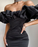 LTP1828,Black Off The Shoulder Cloud Style Satin Homecoming Dresses
