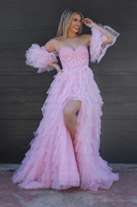 Sweetheart Pink Tulle Ruffles Off The Shoulder Long Prom Dress