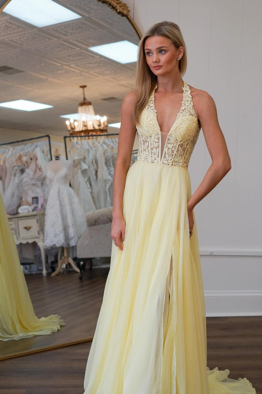 Yellow Halter Lace Applique Illusion Prom Dress