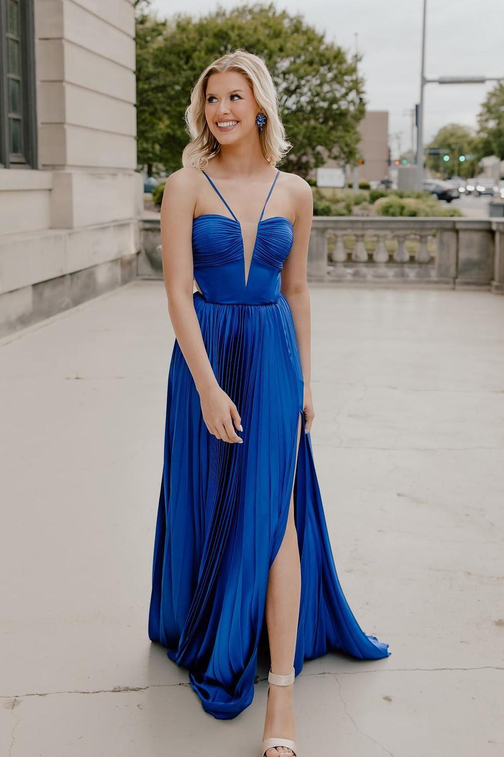 Straps Royal Blue Pleated Long Formal Dress with Bow Back