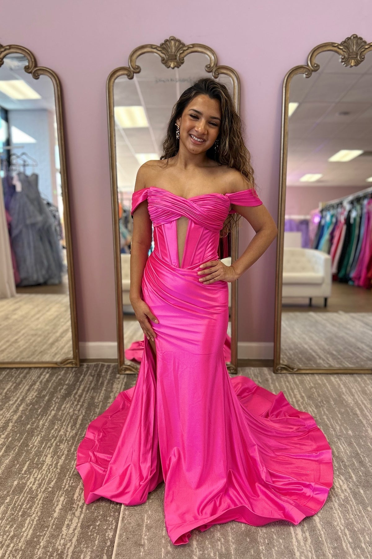 Off-the-shoulder Ruched Mermaid Dress with Keyhole