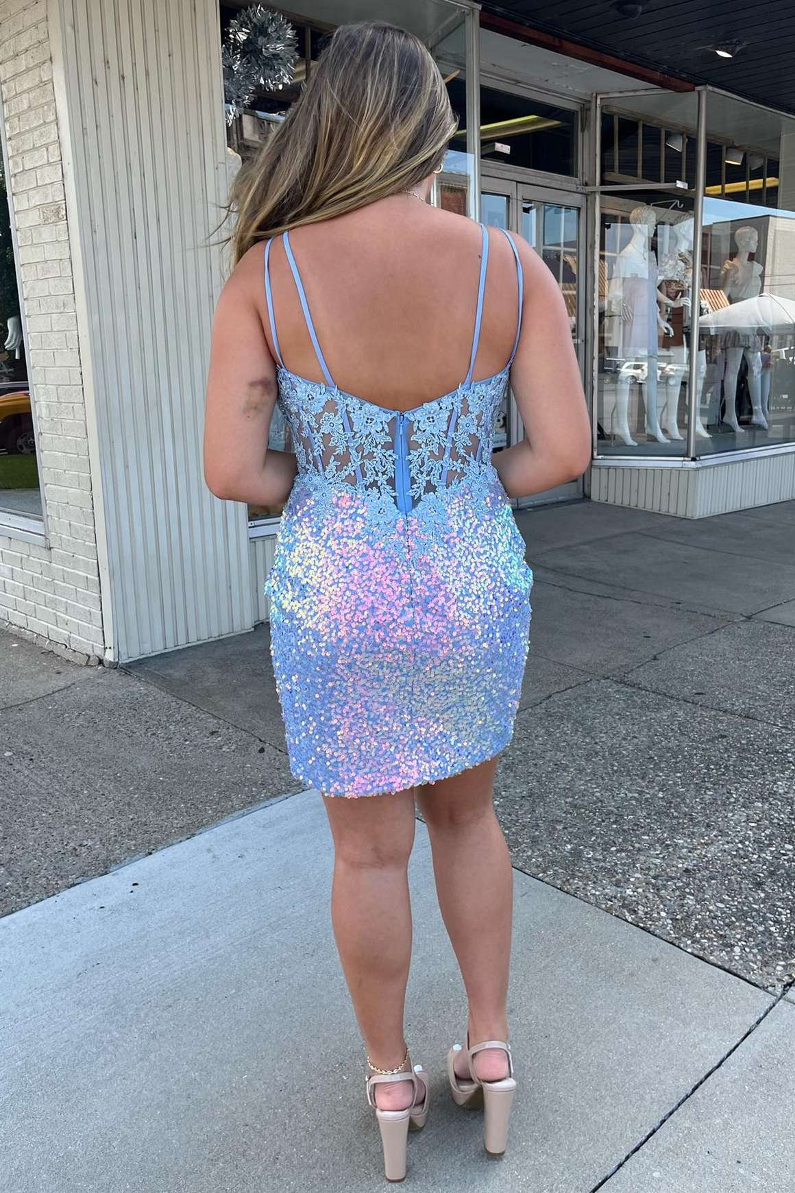 Spliced Periwinkle Sequin V-Neck Short Homecoming Dress, Mini Bodycon Laylatailor Shop Spliced Periwinkle Sequin V-Neck Short Homecoming Dress, Mini Bodycon Laylatailor Shop