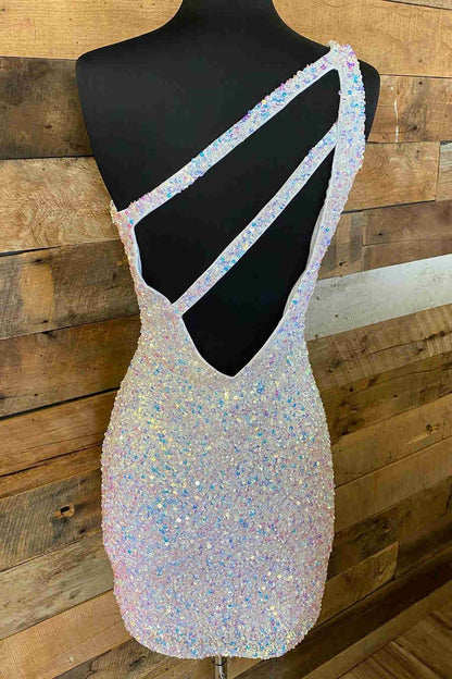Orange Sparkly Bodycon One Shoulder Sequins Mini Party Dresses with Keyhole
