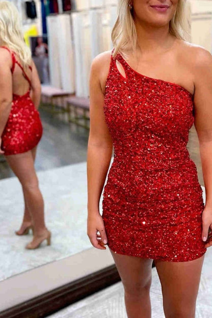 Orange Sparkly Bodycon One Shoulder Sequins Mini Party Dresses with Keyhole