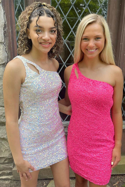 Orange Sparkly Bodycon One Shoulder Sequins Mini Party Dresses with Keyhole