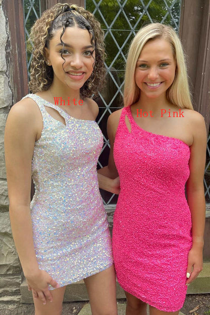 Orange Sparkly Bodycon One Shoulder Sequins Mini Party Dresses with Keyhole