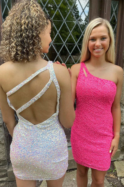 Orange Sparkly Bodycon One Shoulder Sequins Mini Party Dresses with Keyhole