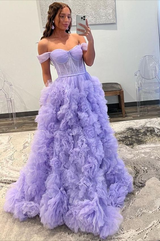 Off The Shoulder Lilac Tulle Prom Dresses Long