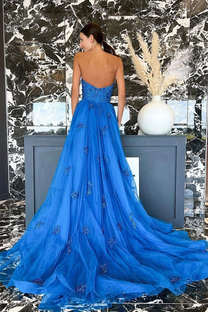 Blue Sweetheart Appliques Split Long Evening Prom Dress