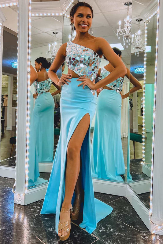 One Shoulder Irregular Glass Bodycon Long Prom Dress