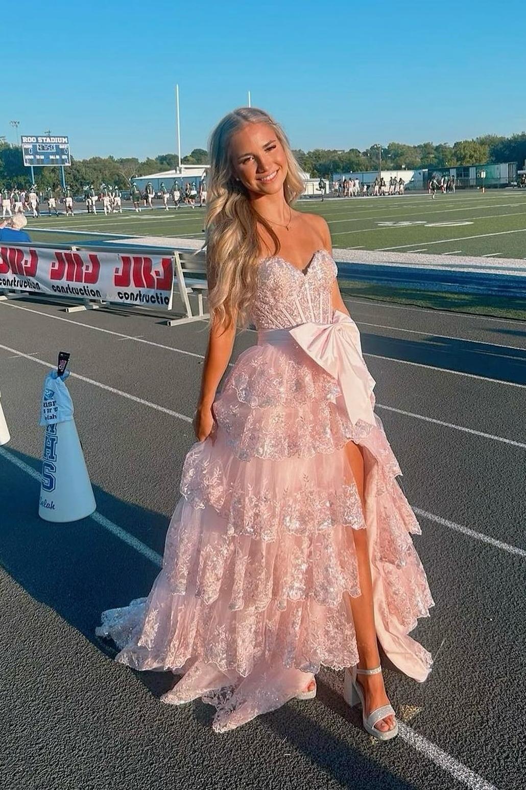 Sweetheart Light Blue Sequin Appliques Ruffle Long Formal Gown