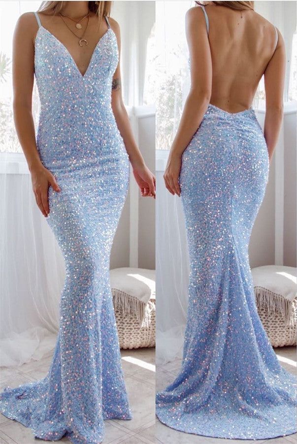 LTP1849,Gorgeous Spaghetti-Straps Backless Prom Dress Mermaid Sequins Sleeveless Long Formal Gown