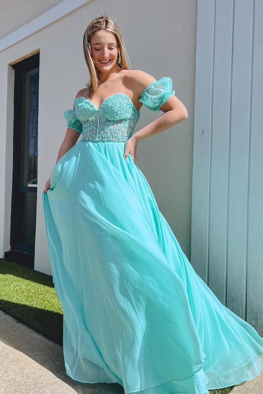 Sweetheart Chiffon Appliques Long Prom Dress