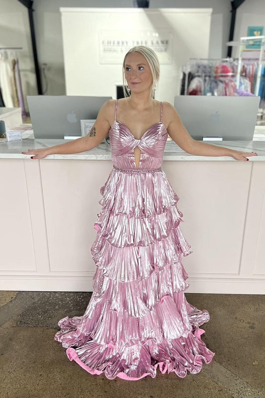 Straps Pink Metallic Pleated A-line Ruffle Long Formal Dress