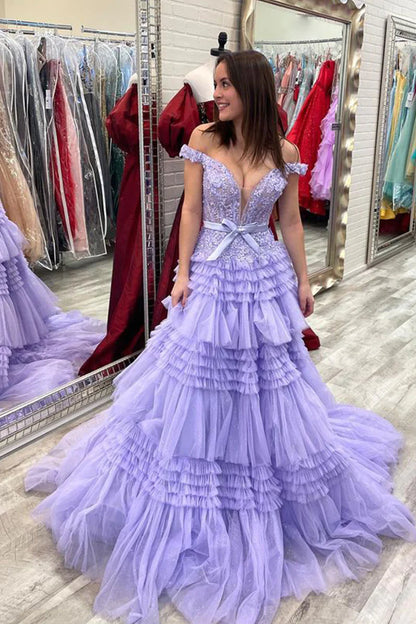 Princess Off The Shoulder Tiered Long Prom Dress