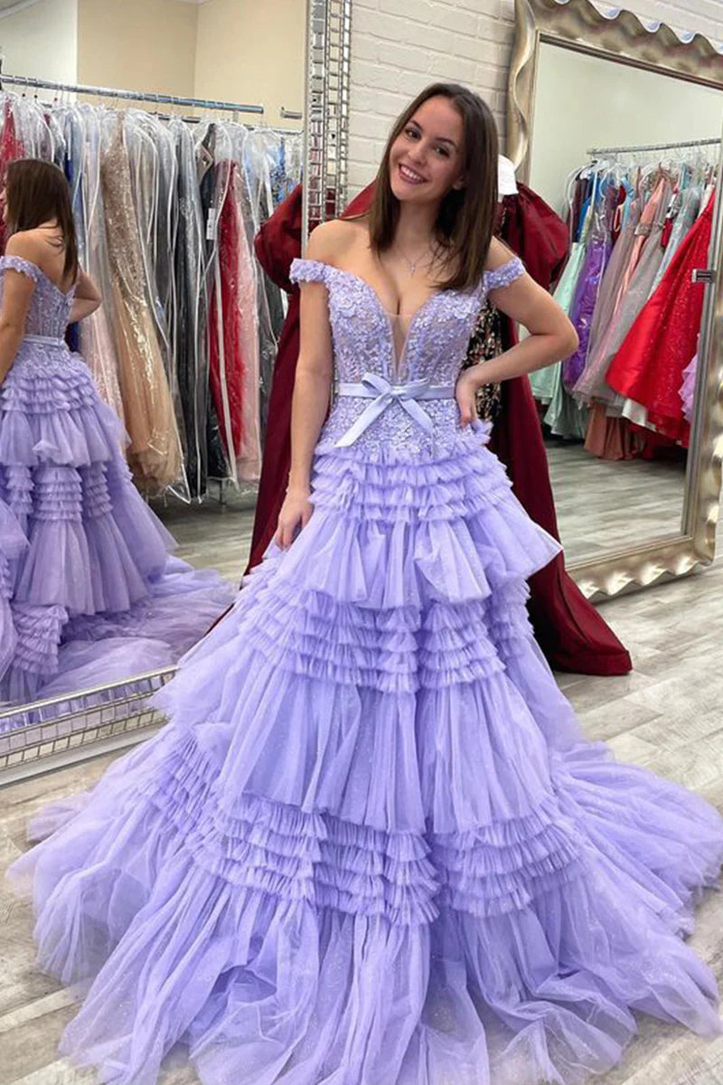 Princess Off The Shoulder Tiered Long Prom Dress