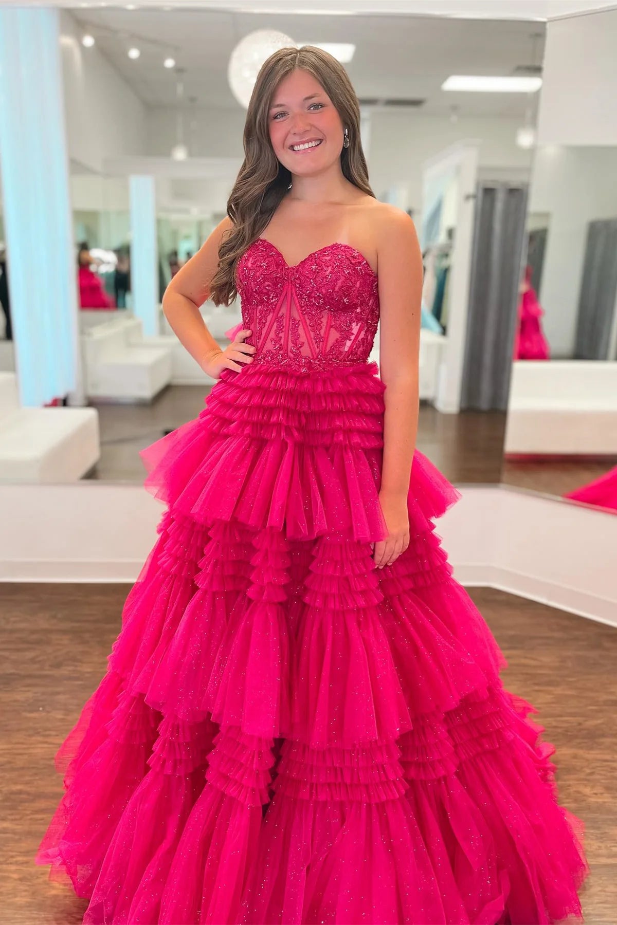 Hot Pink Sweetheart Prom Dress, Fuchsia Tiered Ruffles Evening Gown