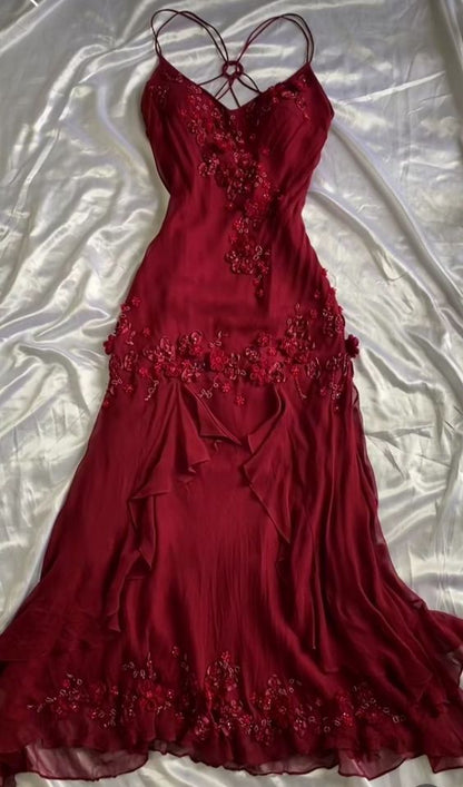 Vintage Sheath Spaghetti Straps Burgundy Long Prom Dress Evening Dresses With Beads