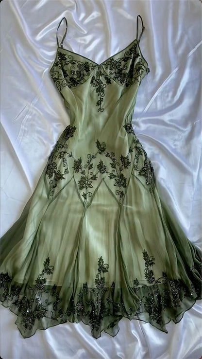 vintage green emerald maxi dress embroidered crystals floral Prom Dresses