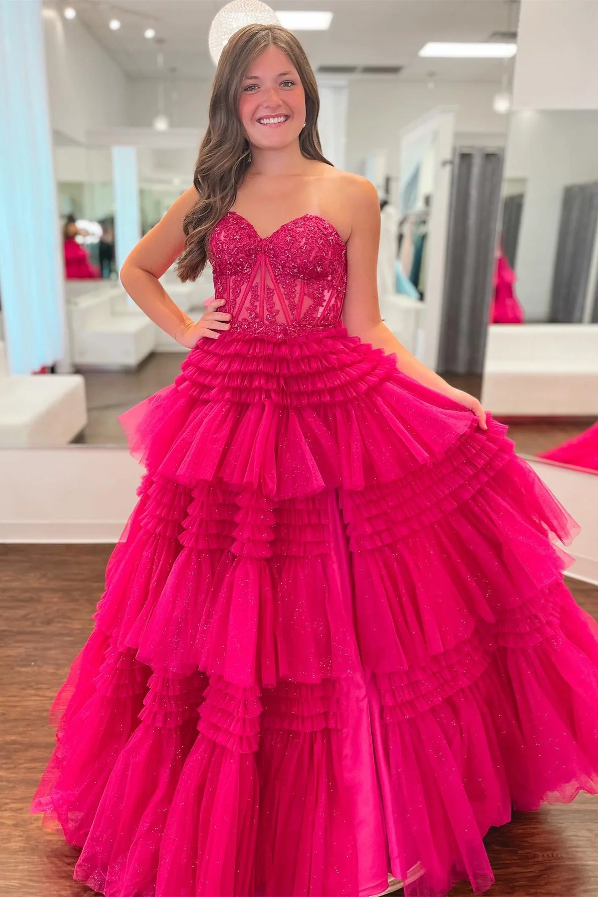 Hot Pink Sweetheart Prom Dress, Fuchsia Tiered Ruffles Evening Gown