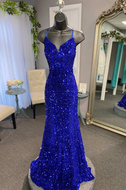 Royal Blue Mermaid Sequined Long Prom Dress, Spaghetti Straps Evening Party Dress