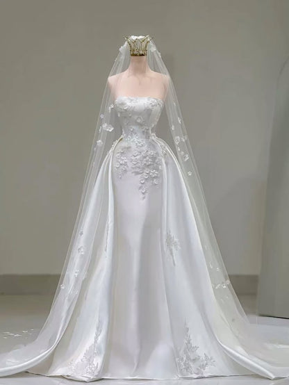 A Line White Long Satin 3D Floral Wedding Dress Bridal Gown