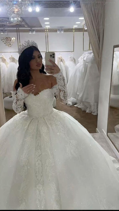 Luxury Tulle Lace A-Line Wedding Dress Off Shoulder Long Sleeves Bridal Gown