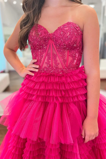 Hot Pink Sweetheart Prom Dress, Fuchsia Tiered Ruffles Evening Gown