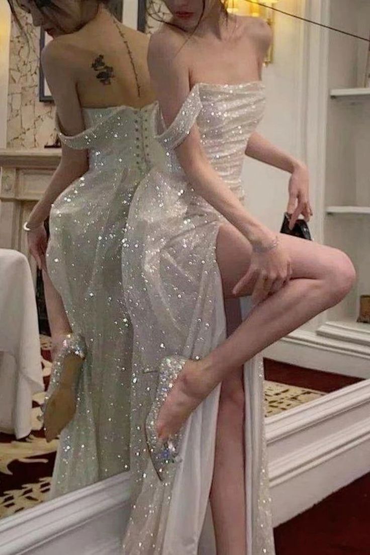 Shinny High Slit  Women Formal Evening Party Prom Gowns