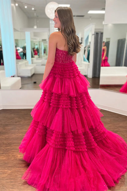 Hot Pink Sweetheart Prom Dress, Fuchsia Tiered Ruffles Evening Gown