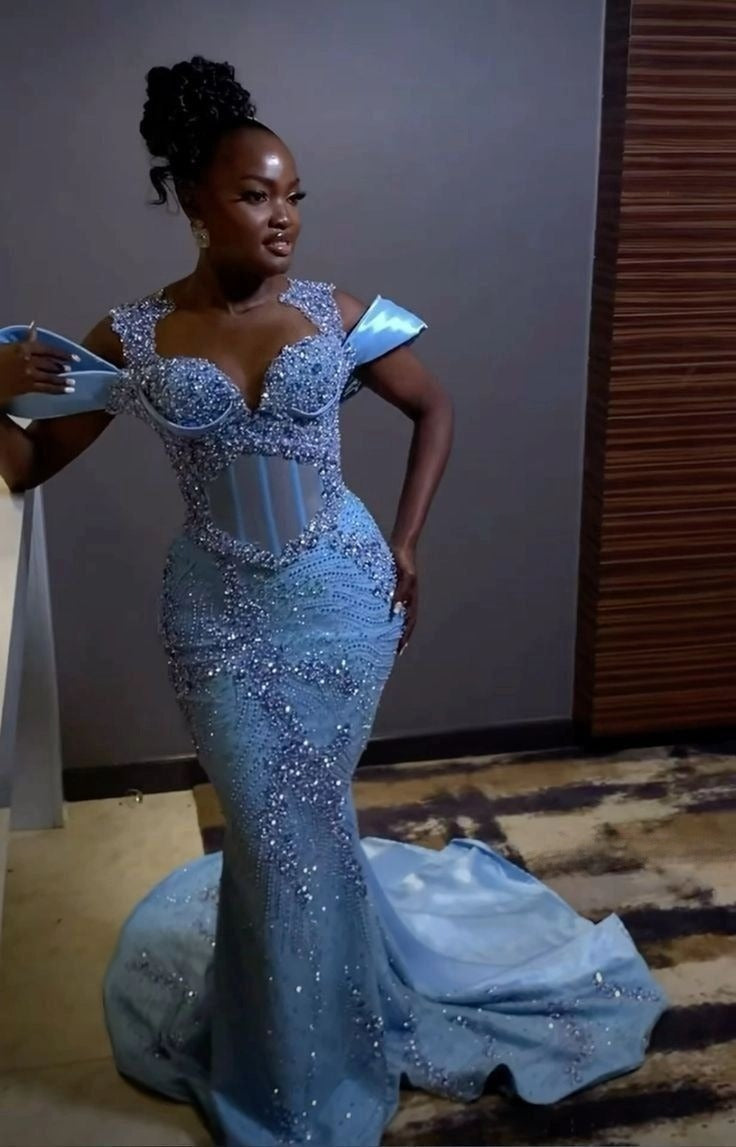 Sparkly Rhinestones Blue Mermaid Long Prom Dress Evening Dress