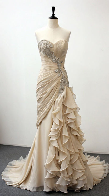 Vintage Mermaid Strapless Champagne Chiffon Prom Dresses Wedding Dress